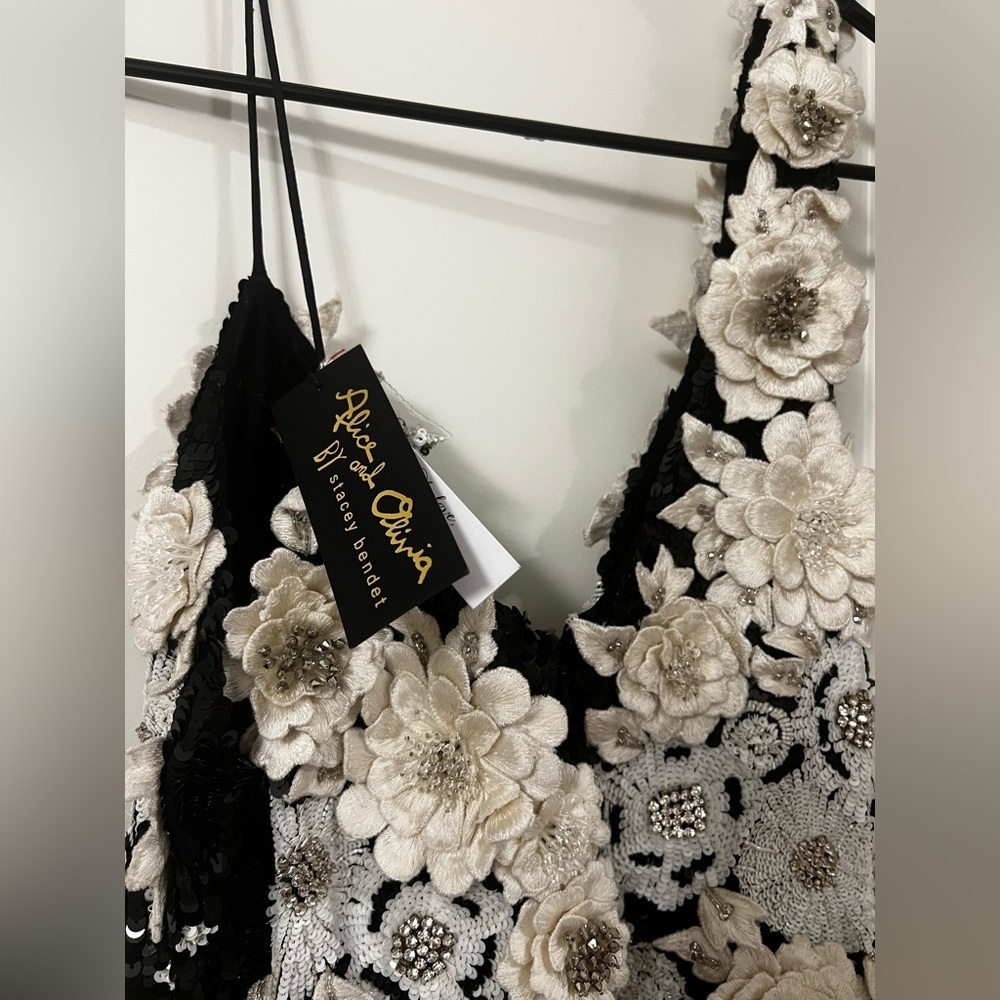 Alice+Olivia FRANCIE Asymmetric Floral Appliques Sequin Embellished Fitted Dress - Picture 8 of 17